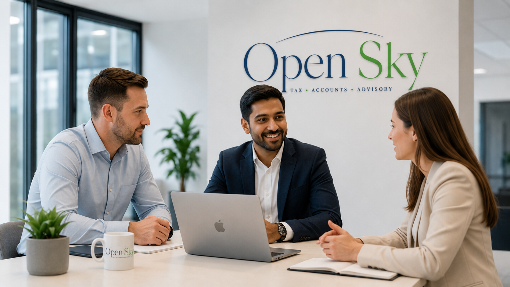 Open Sky adviser meeting business clients in a modern office